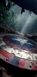 Captain America shield lies in a serene forest setting.