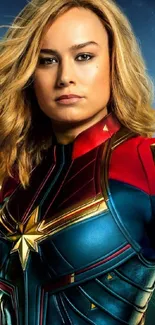 Captain Marvel in her iconic suit on a mobile wallpaper.