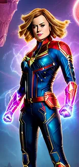 Captain Marvel in a cosmic setting with vibrant energy and colors.