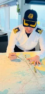 Ship captain navigates a detailed sea map in bright maritime setting.