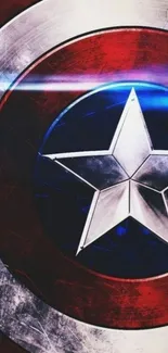 Captain America shield design with metallic star and bold colors as wallpaper.