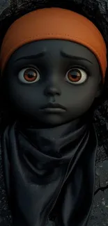 3D animated face with orange headband and dark backdrop.