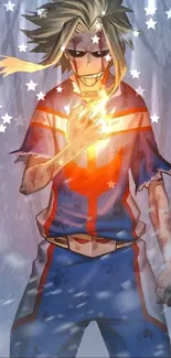 Anime hero with glowing energy center in red and blue costume.