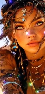 Artistic portrait of a woman with vibrant jewelry.
