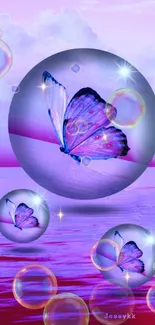 Vibrant butterfly wallpaper in spheres on a pink-purple gradient background.