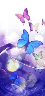 Butterflies escaping from a glass bowl in vibrant colors.