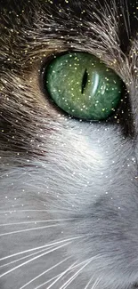 Close-up of a cat's eye with green iris and detailed fur texture.