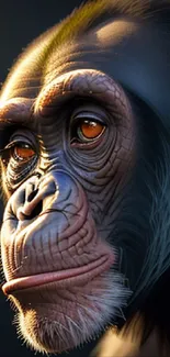 Realistic portrait of a chimpanzee on a mobile wallpaper.