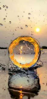Mobile wallpaper with fiery sunset and water reflection.