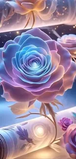 A surreal floral wallpaper with illuminated roses against a starry night sky.