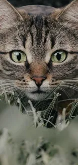 Close-up of a green-eyed tabby cat surrounded by lush greenery.