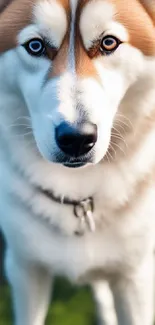 Close-up of a captivating Siberian Husky with vibrant blue eyes.