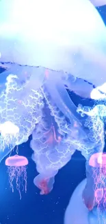 Mesmerizing wallpaper of glowing jellyfish in a blue ocean.