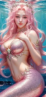 A stunning mermaid with pink hair in a fantasy underwater scene.