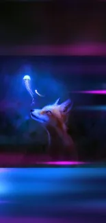 Neon fox with glowing jellyfish in a bluish-purple forest scene.