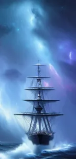 Ship on the ocean under vibrant blue and purple sky wallpaper.