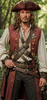 Pirate in historical costume amidst lush forest setting.