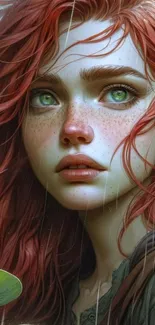 Red-haired woman with green eyes and freckles in digital art style.