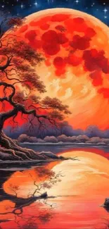 Surreal landscape with red moon reflection