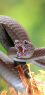 Snake coiled on branch with mouth open, set against a green background.