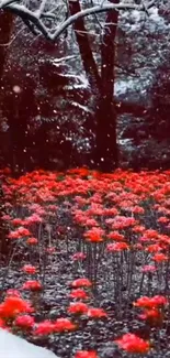 Red blossoms in snowy forest mobile wallpaper.