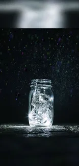 Luminous jar under a starry sky with captivating dark ambiance.