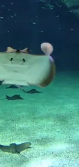 Stingray gliding in cyan-tinted ocean scene