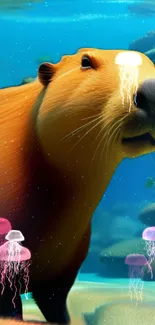 Capybara with jellyfish in a dreamy underwater scene.