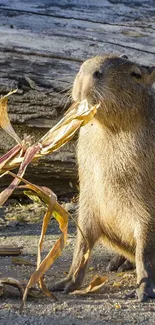 Capybara enjoying corn in a natural setting.