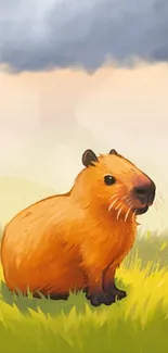 A capybara sitting in a vibrant field under a cloudy sky.