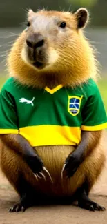 Capybara in a soccer jersey on a field.