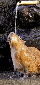 Capybara enjoying a bamboo water shower in a serene setting.