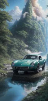 Teal classic car in a mystical mountainous forest with river reflection.