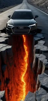 Car on cracked road above fiery crevasse.