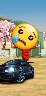 Luxury car with crying emoji in Japanese garden.