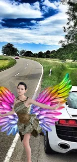 A colorful fairy with a white car on a scenic road.