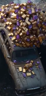 Vintage car buried under gold and gems