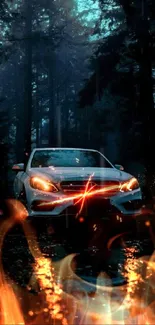 Car with headlights on, parked in rainy, dark forest night.