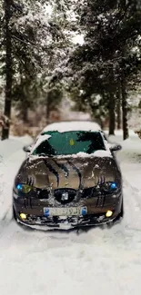 Car parked in a snowy forest path.