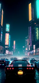 Neon-lit city street with fast cars at night, showcasing urban racing atmosphere.