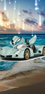 White car parked on a beach at sunset with ocean waves and vibrant sky.