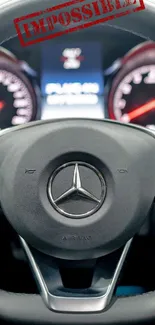 Close-up of car steering wheel with dashboard lights.