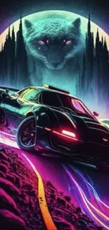 Neon jungle sports car with mystical feline backdrop.