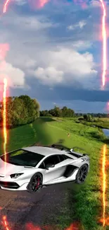 White sports car with fiery background and green landscape.