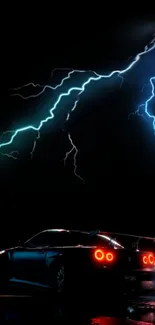 Car with red lights under a vivid lightning sky.