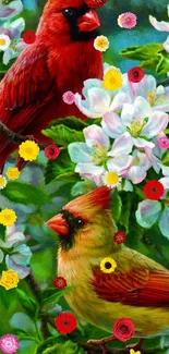 Colorful painting of two cardinals perched on flowering branches.