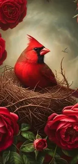 Cardinal bird resting in a nest surrounded by vibrant red roses.