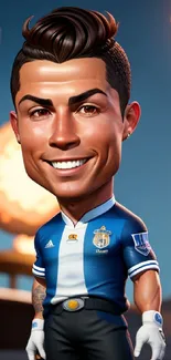 Caricature of a soccer star in blue jersey with glowing background.