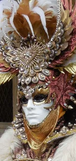 Intricate carnival mask adorned with feathers and metallic details.