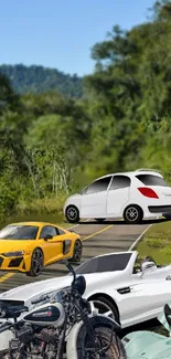 Cars and motorcycles on a forest road wallpaper.